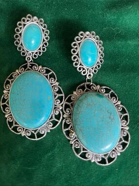 Katrina Faux Turquoise Oval Filigree Drop Earrings - Silver-Tone pierced